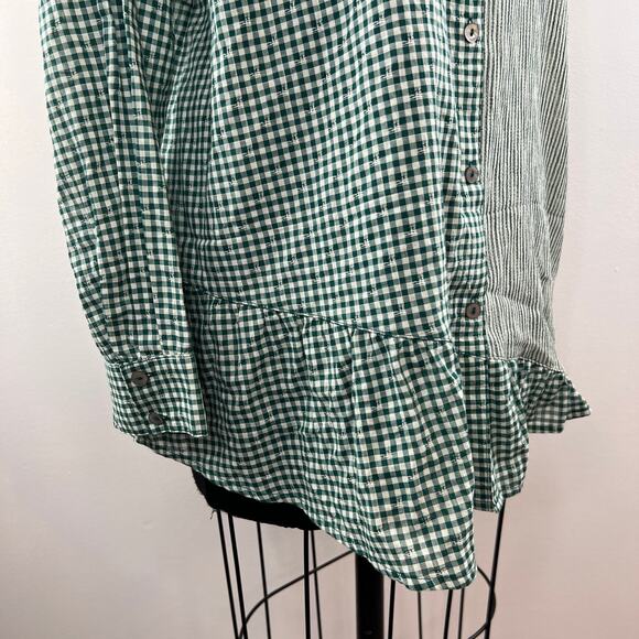 LOGO by Lori Goldstein Green White Gingham Stripe Ruffle Hem Button-Down Shirt L - Picture 3 of 6